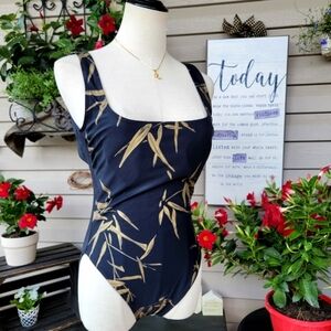 DANSKY ♡ Sweet Vintage Black 'n Gold 1pc Bamboo Low Square Neckline Swimsuit 10